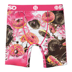 Men's boxer briefs featuring a vibrant pink and white graphic print of donuts with chocolate drizzle and sprinkles, with a solid pink waistband.