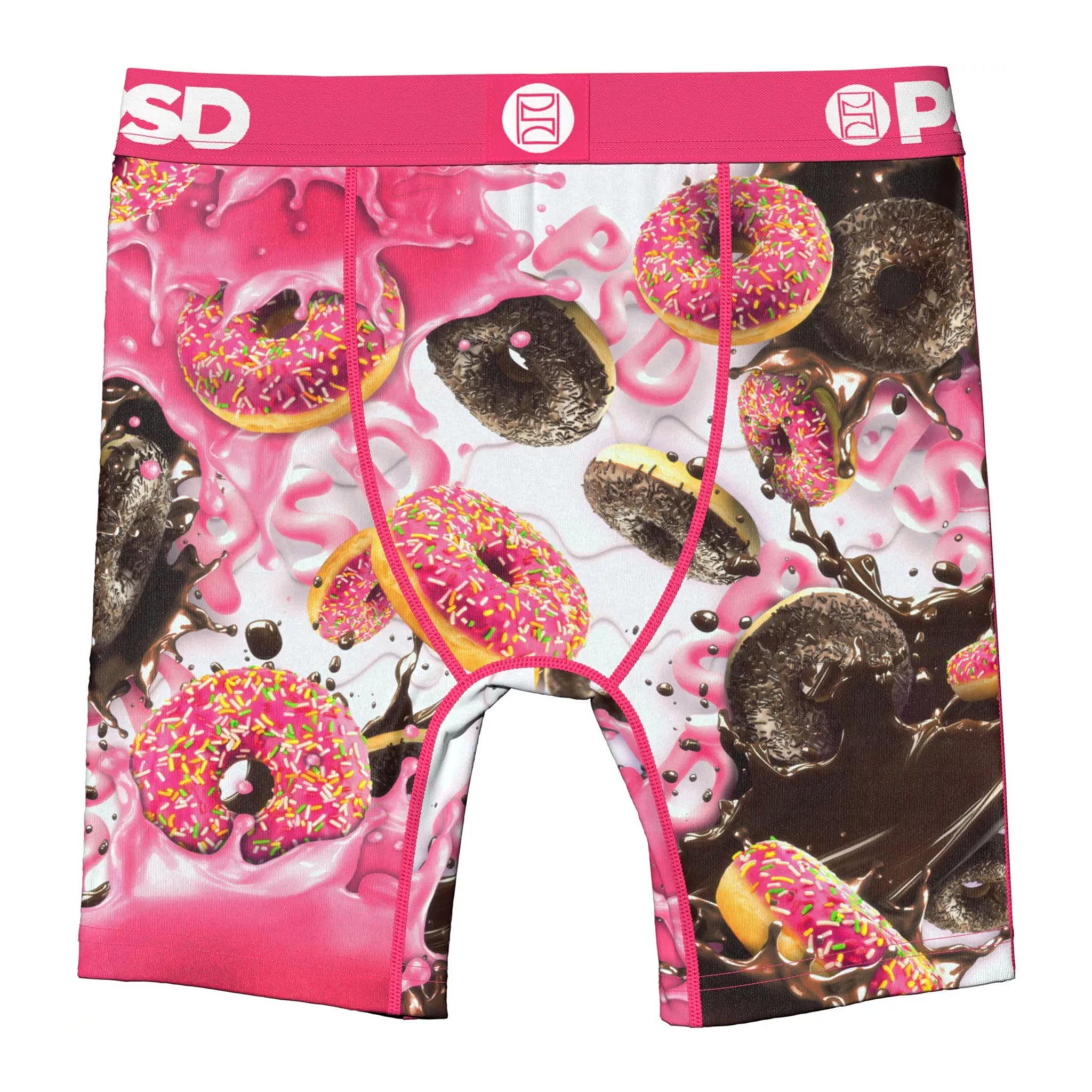 Men's boxer briefs featuring a vibrant pink and white graphic print of donuts with chocolate drizzle and sprinkles, with a solid pink waistband.