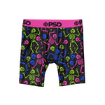 Black boxer briefs featuring a vibrant neon pattern of dancing skeletons in pink, green, and blue, with a bright pink waistband displaying the black 'PSD' logo.