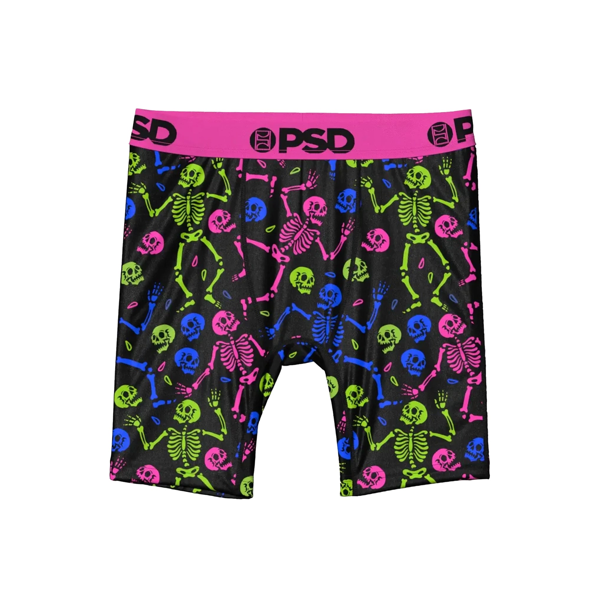 Black boxer briefs featuring a vibrant neon pattern of dancing skeletons in pink, green, and blue, with a bright pink waistband displaying the black 'PSD' logo.