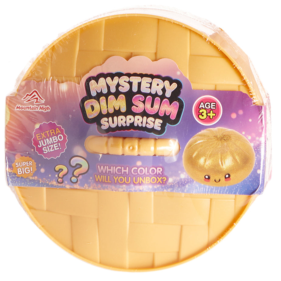 Mountain High Mystery Dim Sum Surprise toy package, featuring a round yellow plastic container wrapped in clear plastic with a colorful purple and pink label.
