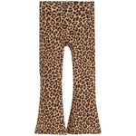 Leopard print flare leggings with a wide waistband, shown flat against a solid white background.