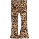 Leopard print flare leggings with a wide waistband, shown flat against a solid white background.