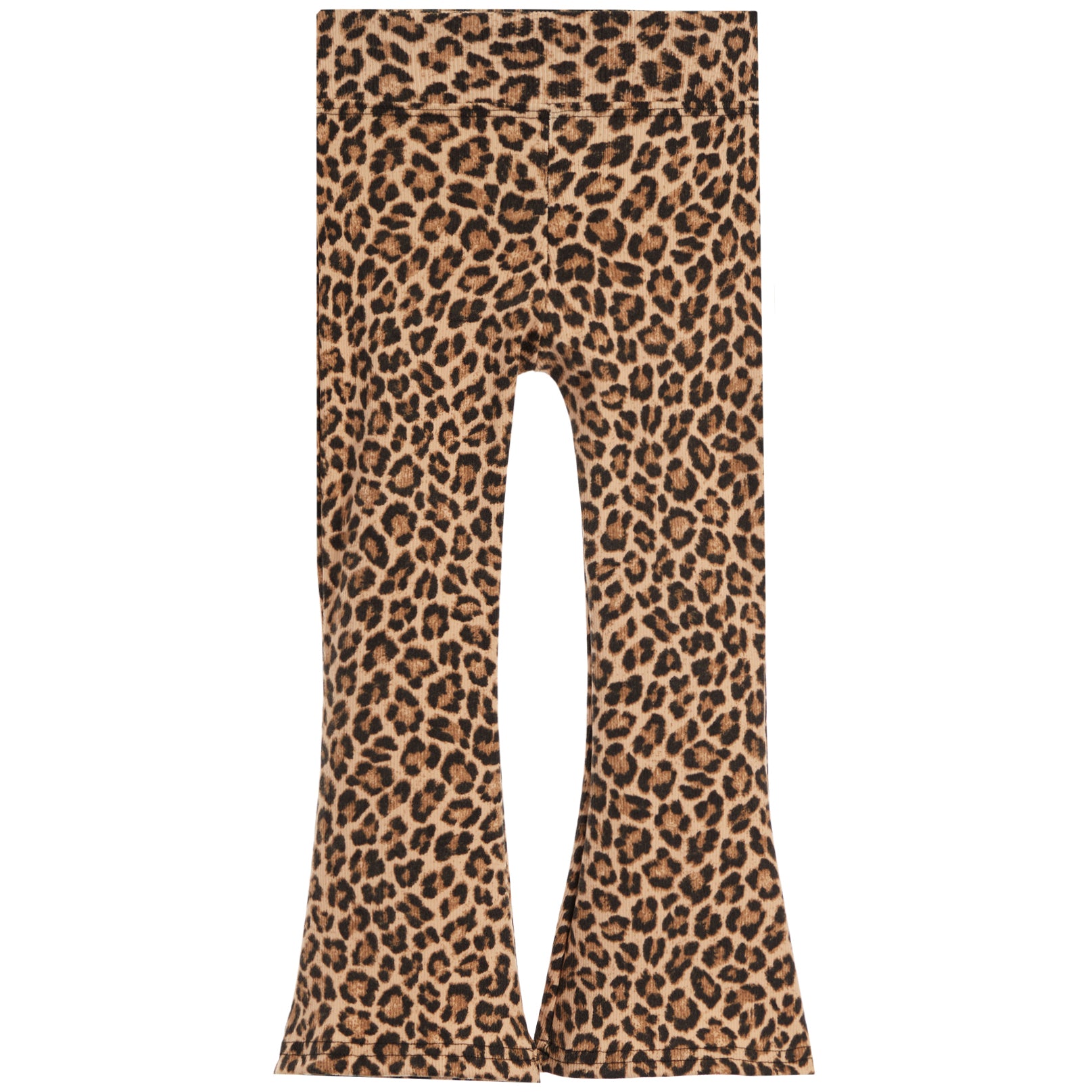 Leopard print flare leggings with a wide waistband, shown flat against a solid white background.