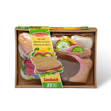 Wooden toy food set in packaging with a Melissa & Doug label on a white background