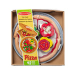 Toy pizza set with felt food pieces in a box, featuring the Melissa & Doug brand.