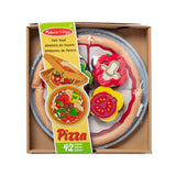 Toy pizza set with felt food pieces in a box, featuring the Melissa & Doug brand.