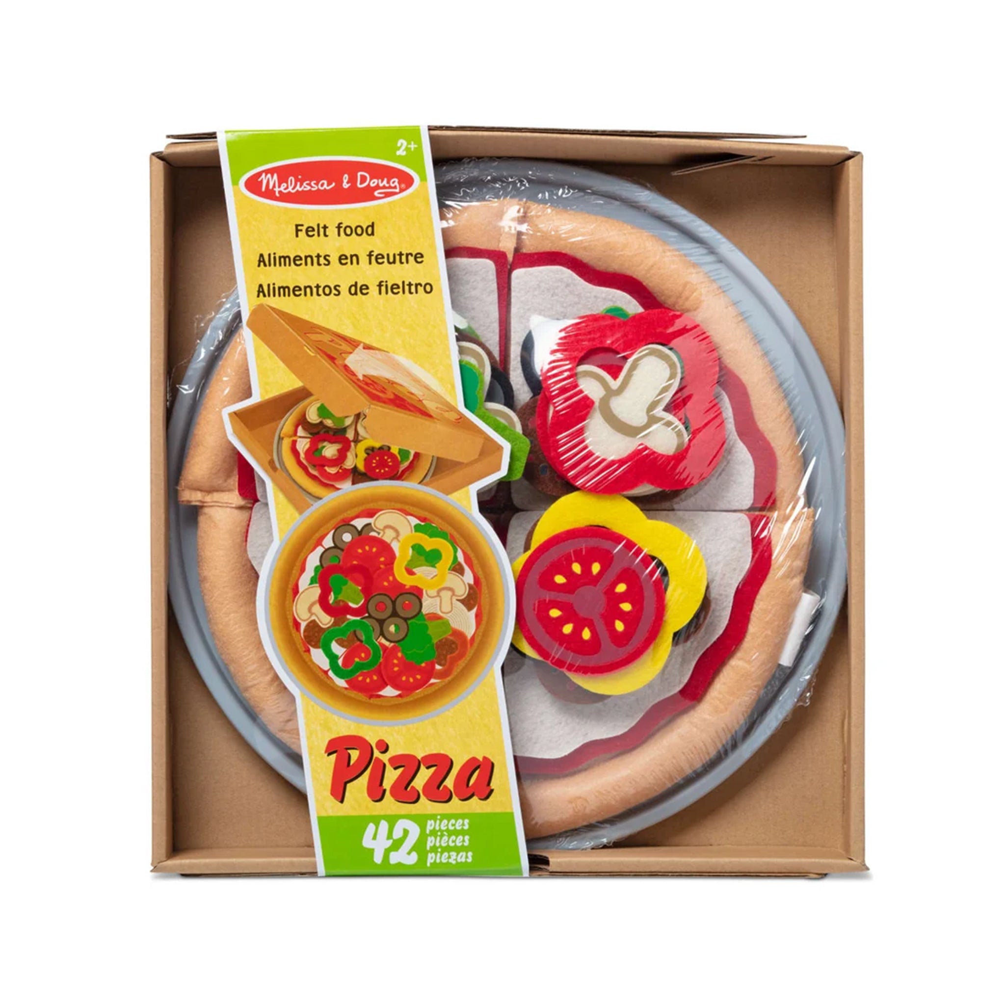 Toy pizza set with felt food pieces in a box, featuring the Melissa & Doug brand.
