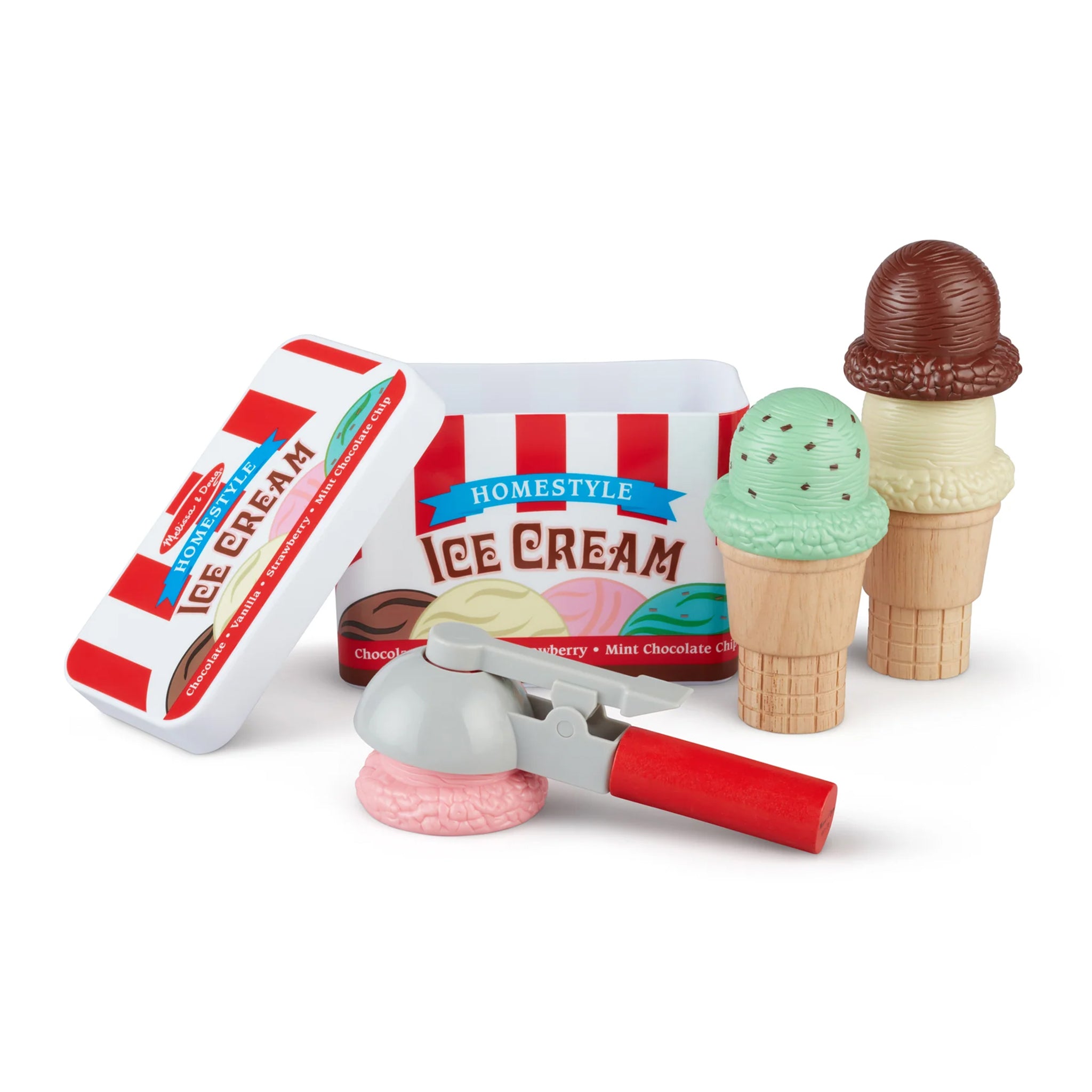 Toy ice cream set with a container, cones, and an ice cream scoop on a white background