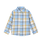 A children's long-sleeve plaid button-up shirt in light blue, yellow, and white, shown flat against a solid white background.