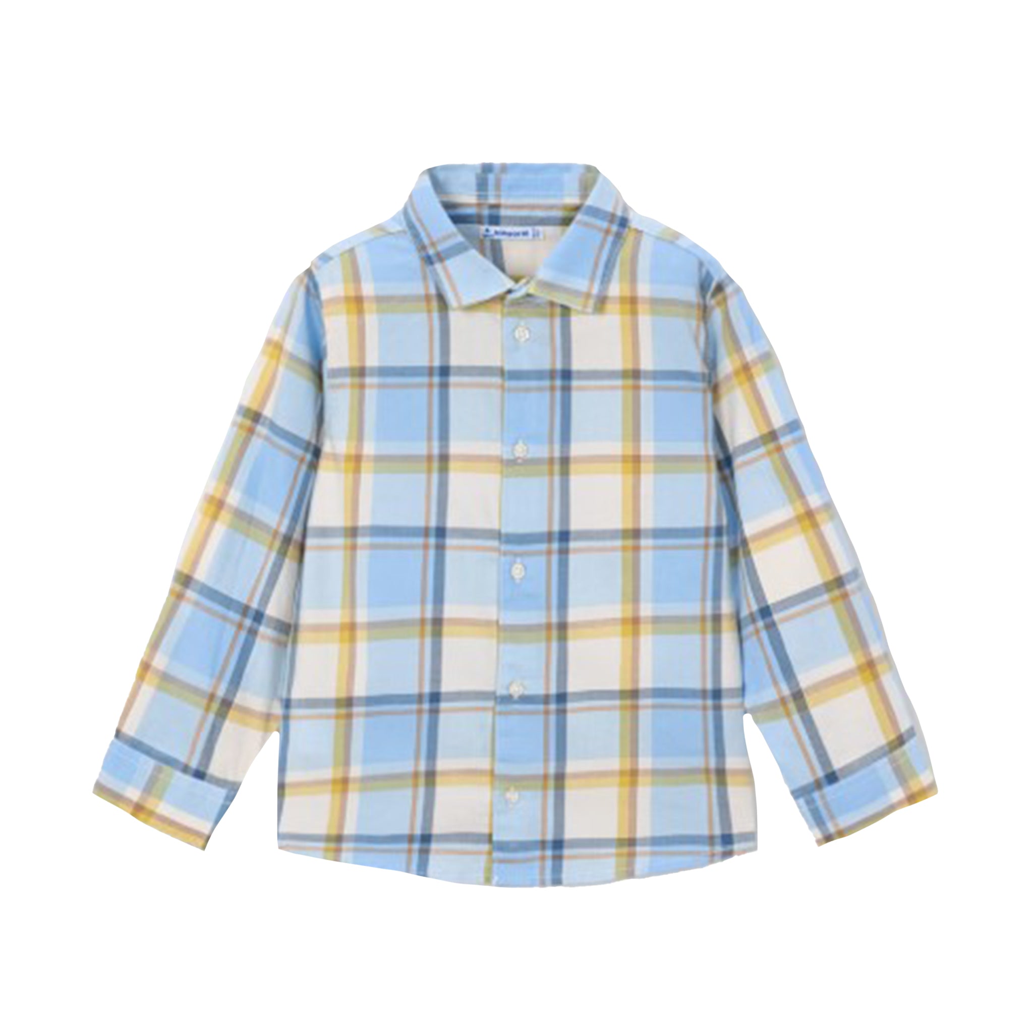 A children's long-sleeve plaid button-up shirt in light blue, yellow, and white, shown flat against a solid white background.