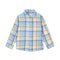 A children's long-sleeve plaid button-up shirt in light blue, yellow, and white, shown flat against a solid white background.
