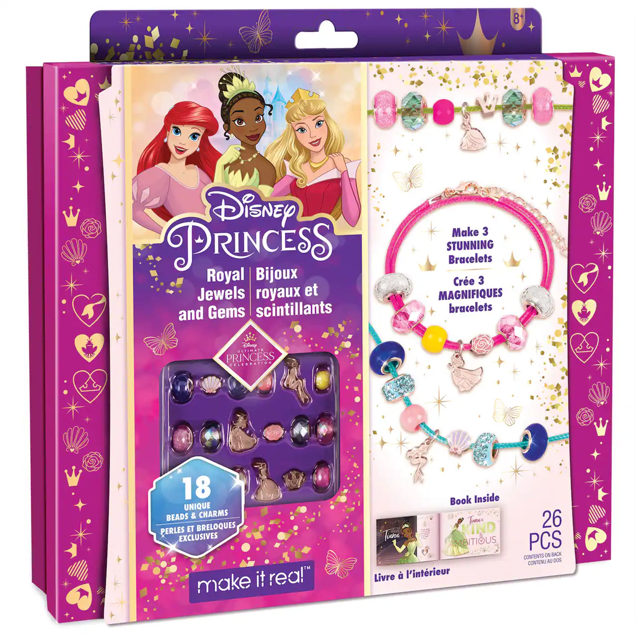 Disney Princess bracelet-making kit in retail packaging, showing a pink and white box with illustrations of princess characters, a bracelet sample, and text indicating 26 pieces and 18 gem charms.