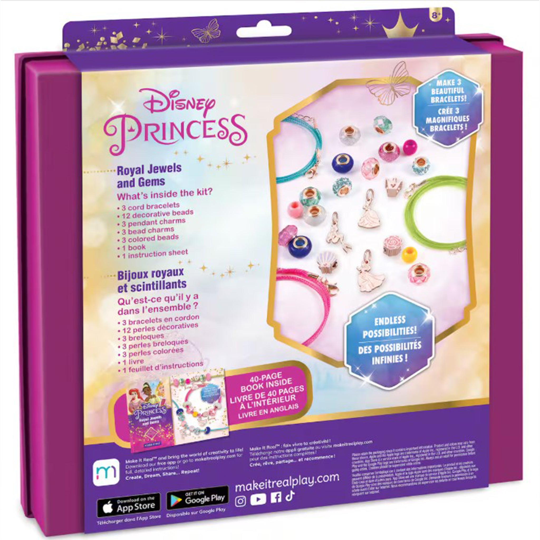 Disney Princess Royal Jewels and Gems craft kit in its retail packaging, showing the front cover with product contents, instructions, and branding.