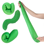 Green stretchy pickle being held by hands, shown with three inset close-up views of the slime texture and shape on a white background.