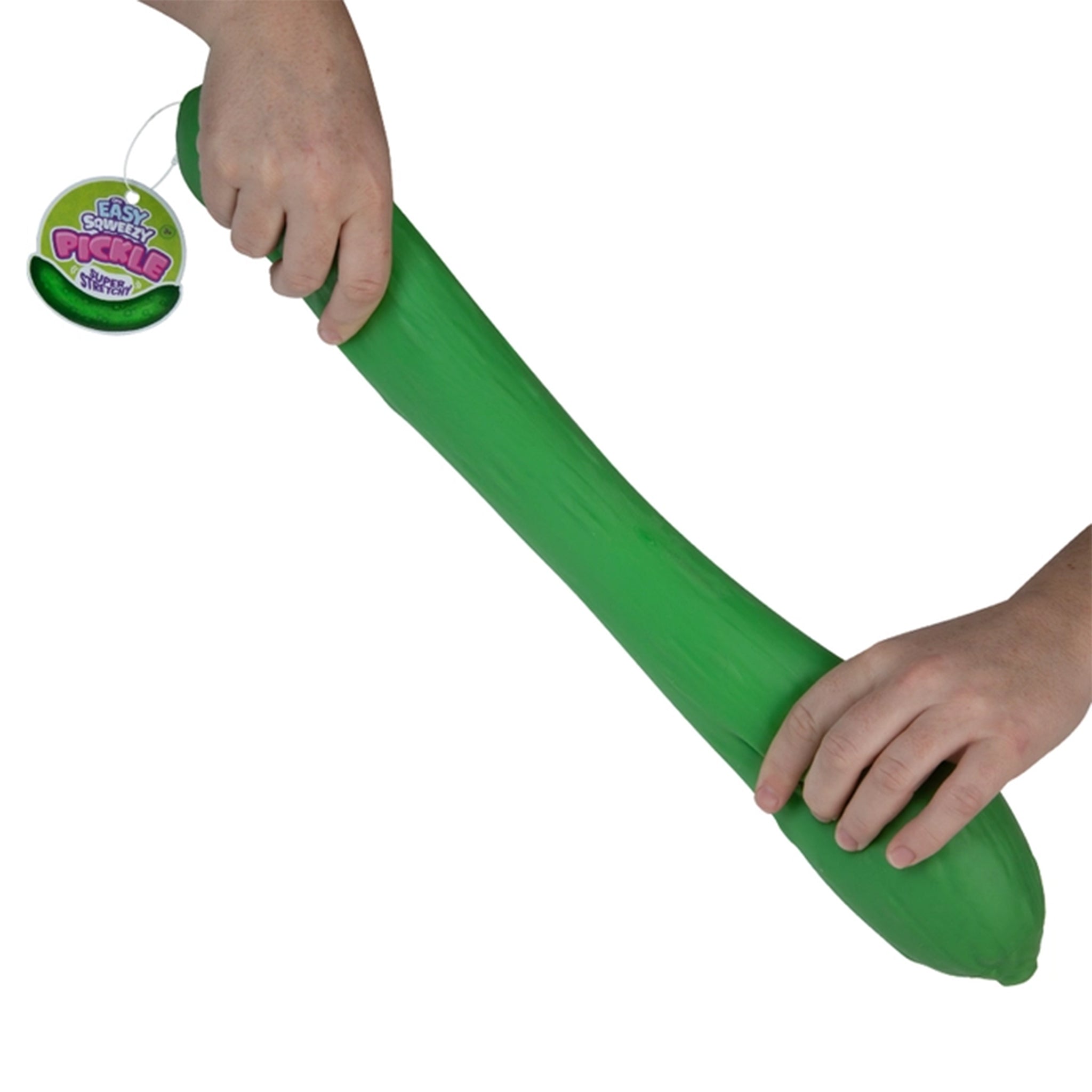 Green squeezy pickle with a hand holding it on a white background
