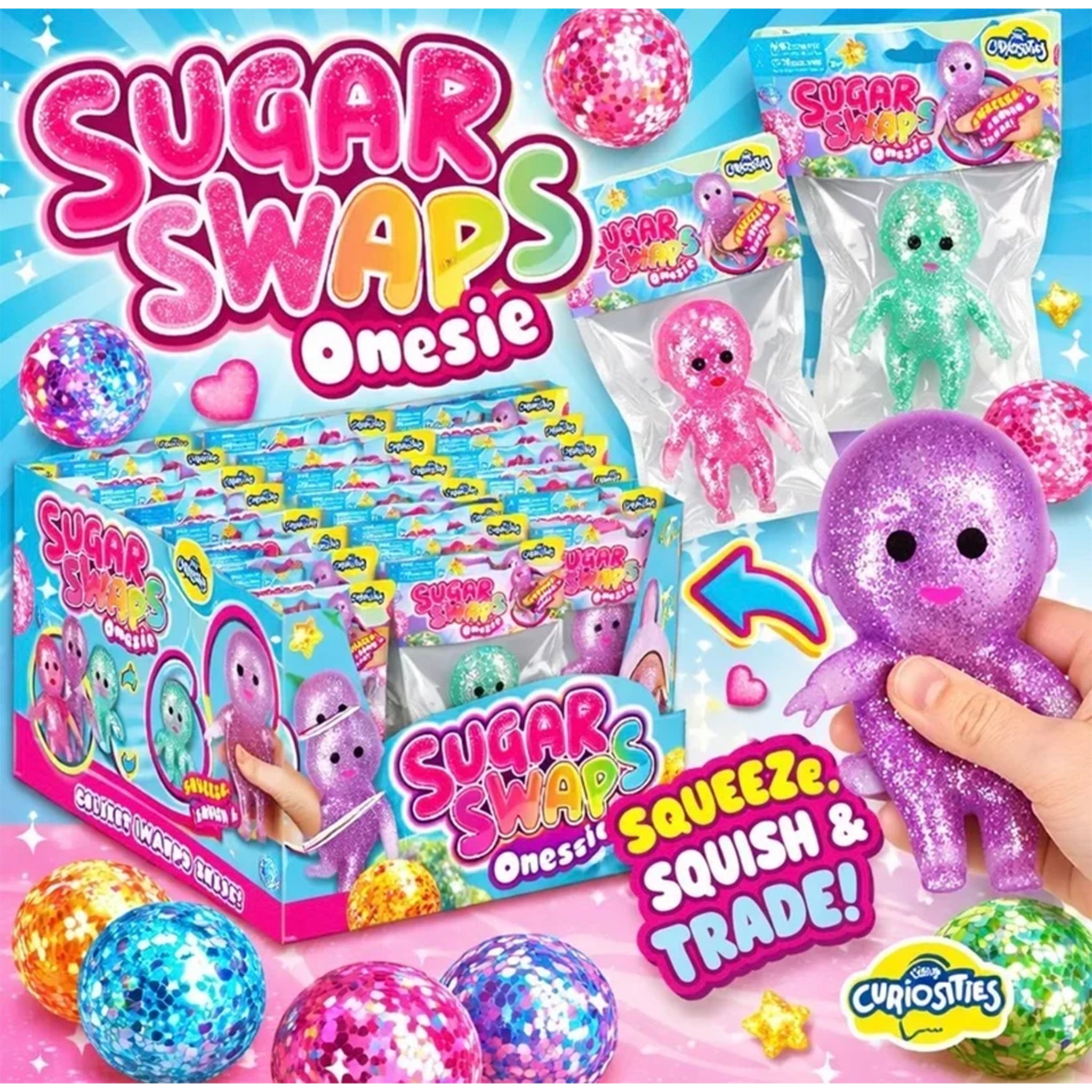 Sugar Swaps Onesie CurioStix surprise toy box display with multiple packaged and loose glitter babies, plus a hand holding a purple glitter octopus on a bright blue promotional background.