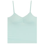 A pale mint green camisole tank top with thin spaghetti straps and a gathered ruched center bust, shown flat against a solid white background.
