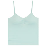 A pale mint green camisole tank top with thin spaghetti straps and a gathered ruched center bust, shown flat against a solid white background.