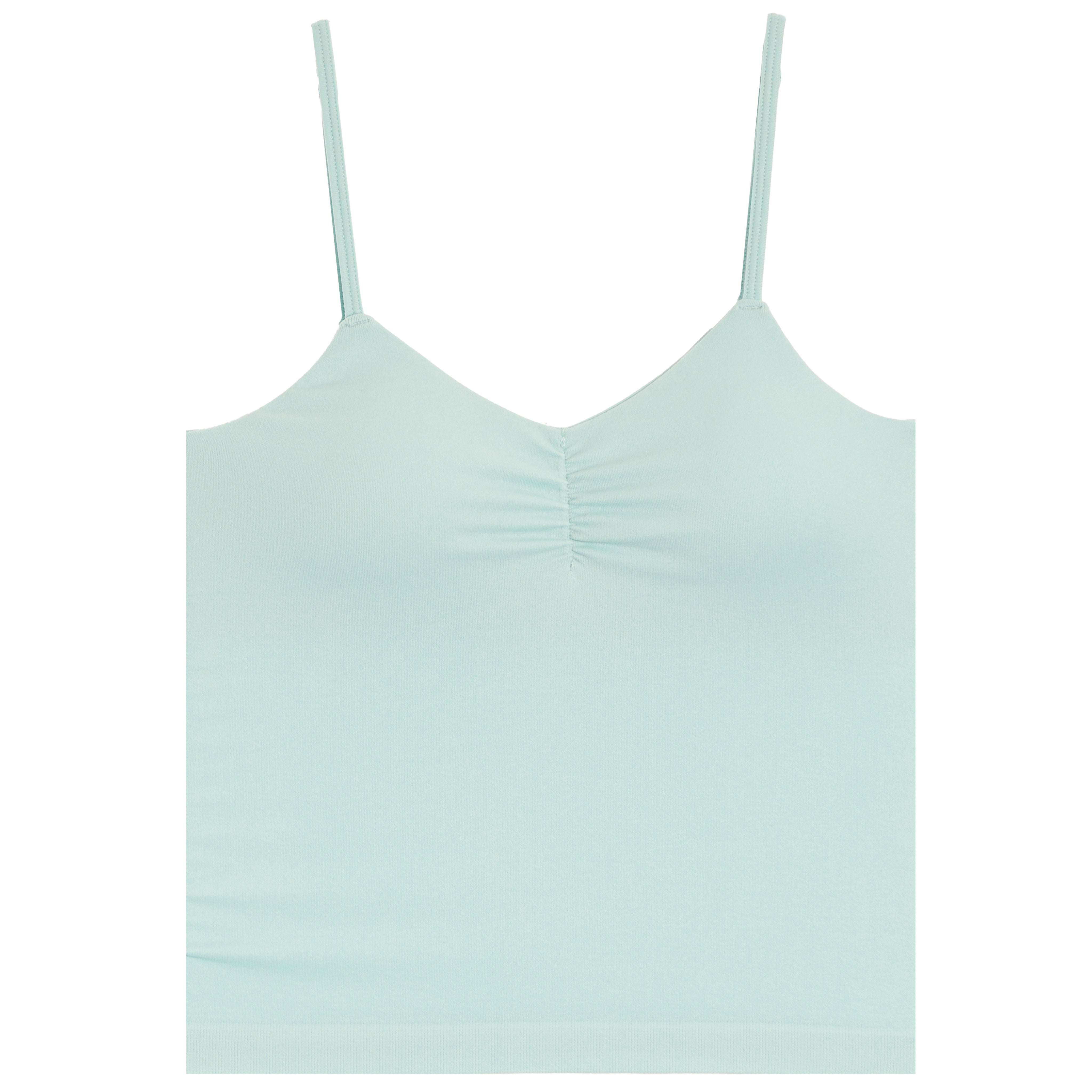 A pale mint green camisole tank top with thin spaghetti straps and a gathered ruched center bust, shown flat against a solid white background.