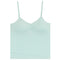 A pale mint green camisole tank top with thin spaghetti straps and a gathered ruched center bust, shown flat against a solid white background.