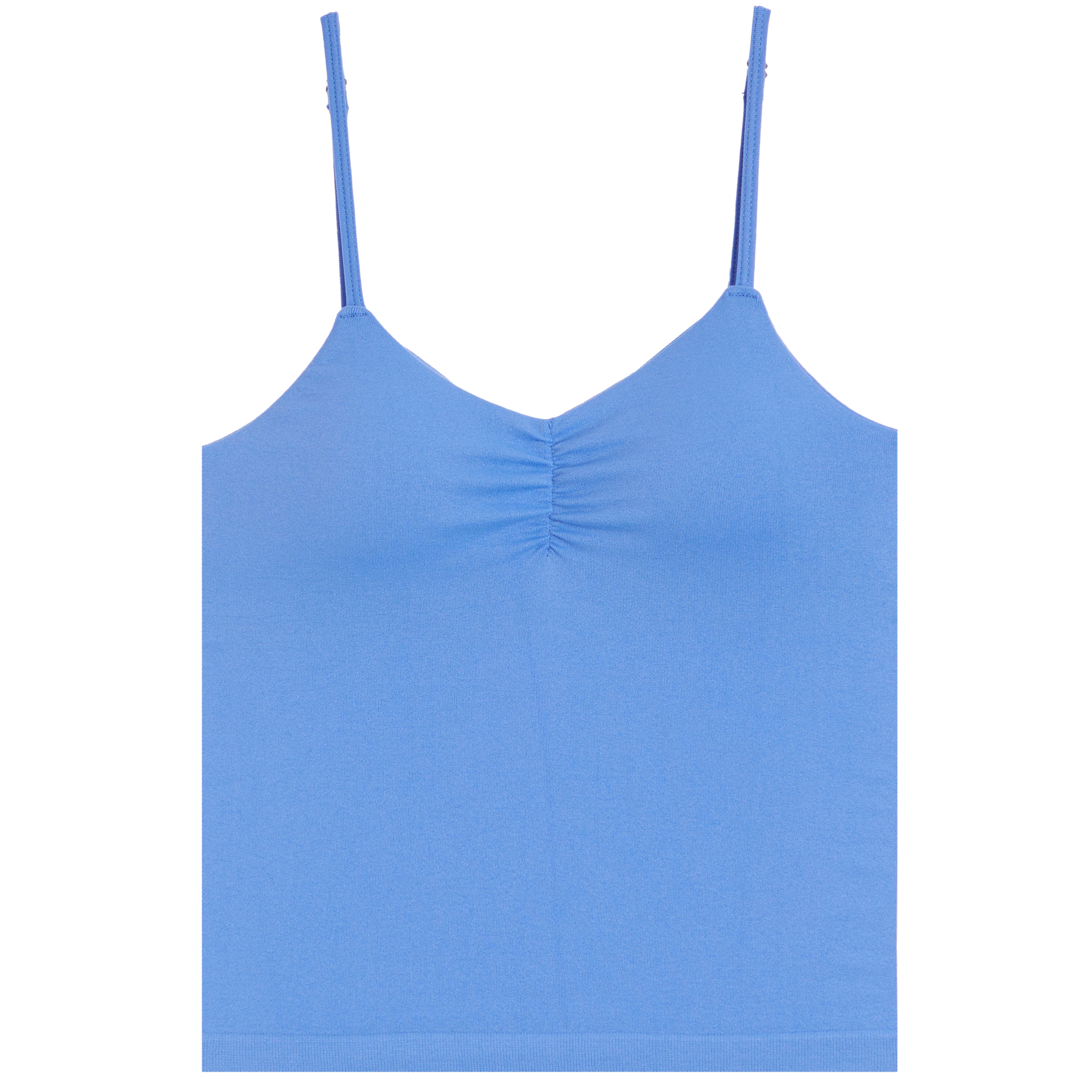 A light blue camisole tank top with thin shoulder straps and a gathered ruched bust detail, shown flat against a solid white background.