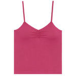 A rose pink camisole top with thin spaghetti straps and a ruched, gathered sweetheart neckline, shown flat against a solid white background.