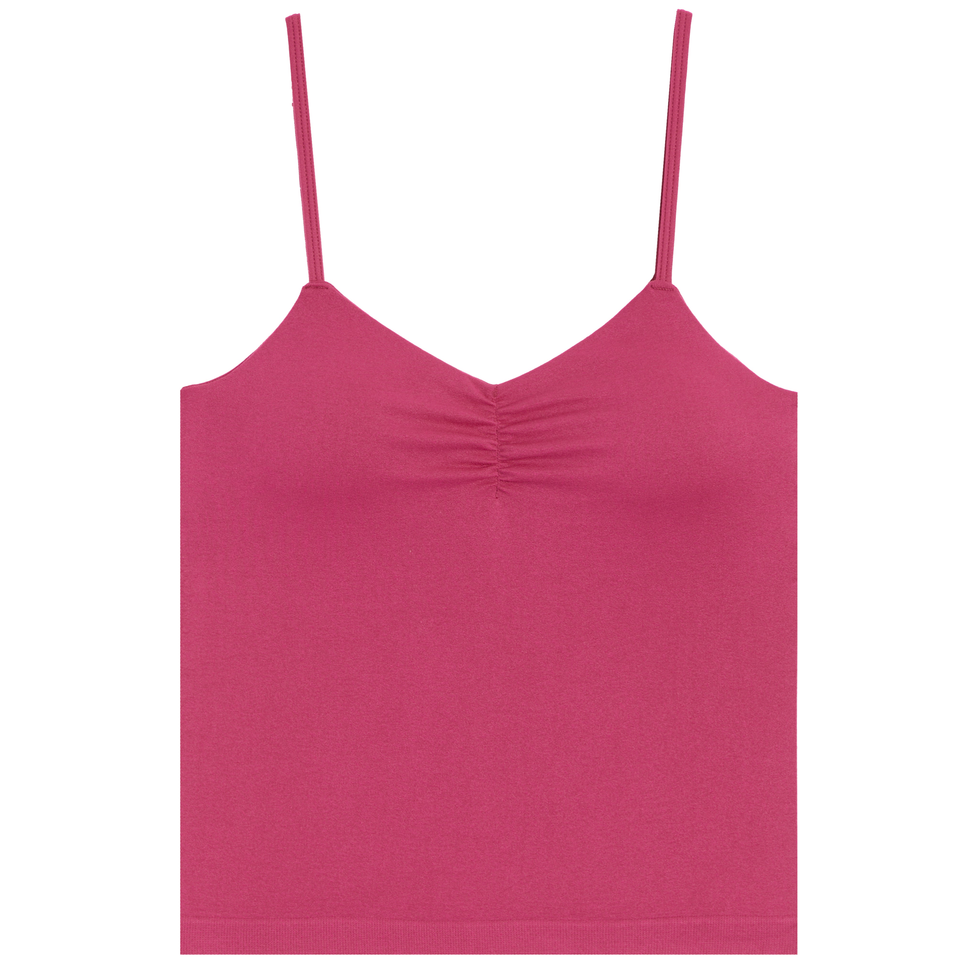 A rose pink camisole top with thin spaghetti straps and a ruched, gathered sweetheart neckline, shown flat against a solid white background.
