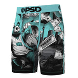 A pair of men's boxer briefs featuring a complex graphic print. The design includes a teal cartoon bear wearing a 'PSD' shirt, floating $100 bills, a black-and-white city skyline, and a boat scene, all accented with teal details.
