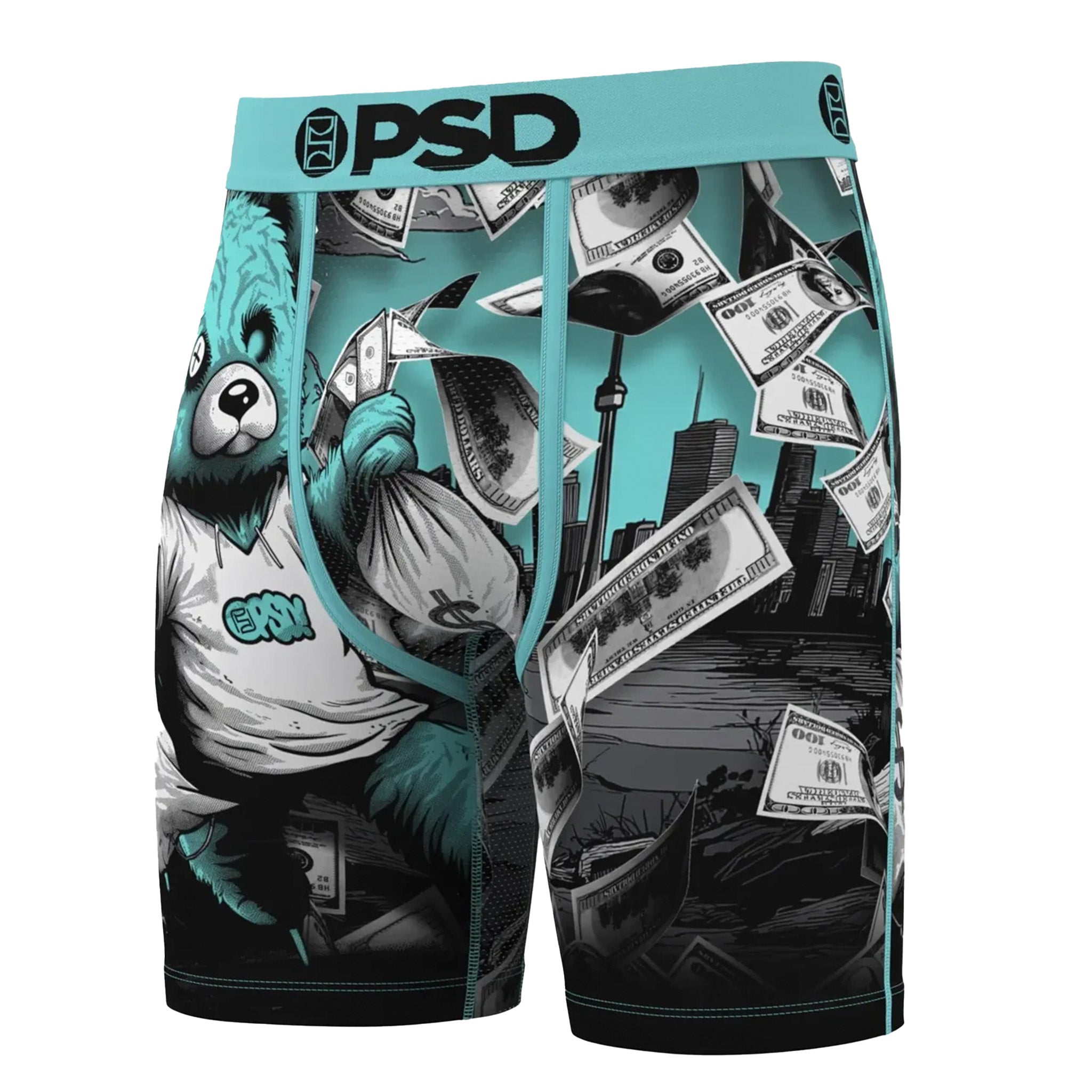 A pair of men's boxer briefs featuring a complex graphic print. The design includes a teal cartoon bear wearing a 'PSD' shirt, floating $100 bills, a black-and-white city skyline, and a boat scene, all accented with teal details.