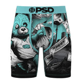 A pair of men's boxer briefs featuring a detailed graphic print. The design includes a teal cartoon bear, floating dollar bills, a city skyline, and a teal waistband with 'PSD' printed in black.