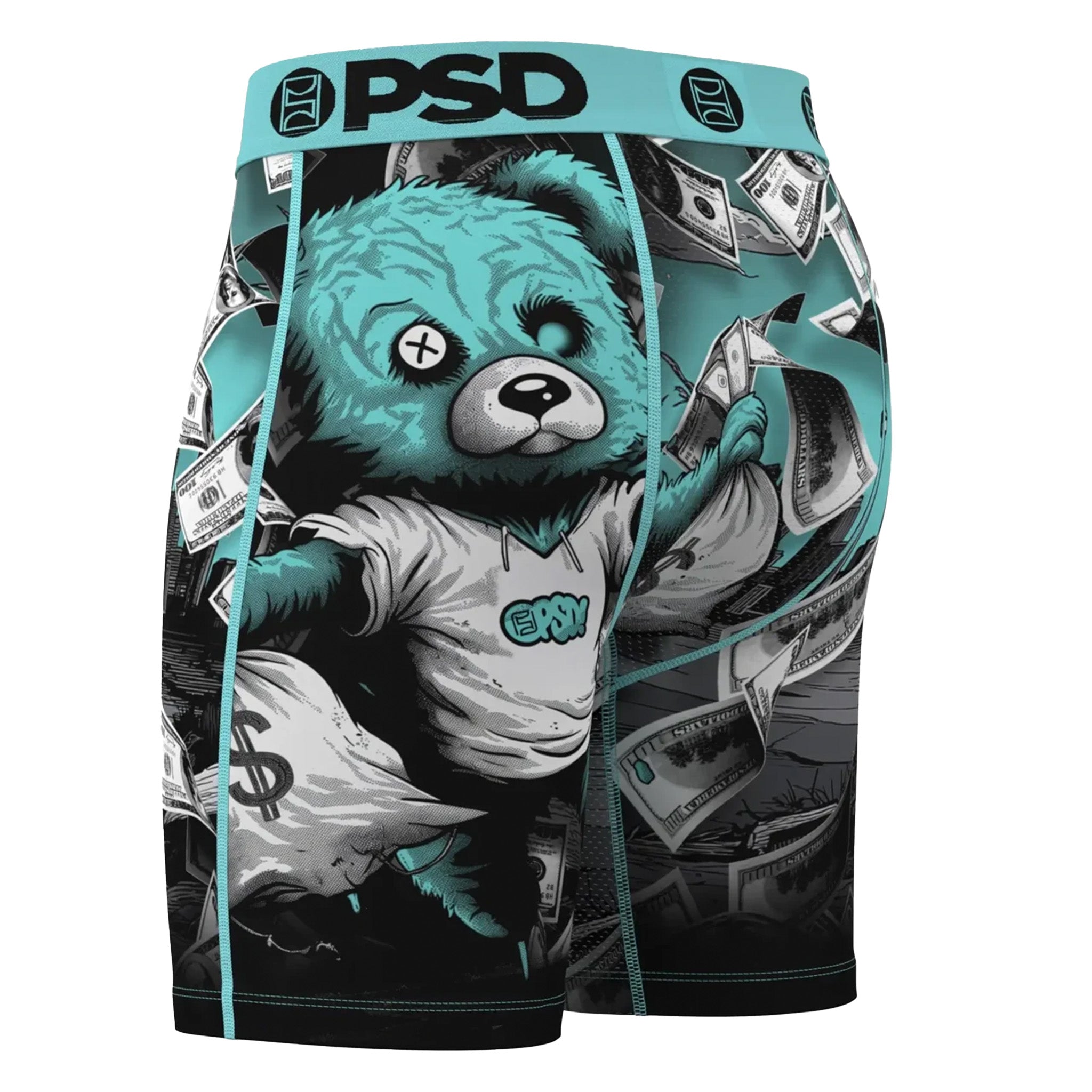 A pair of men's boxer briefs featuring a graphic print of a teal bear, surrounded by falling dollar bills. The waistband is teal with black 'PSD' lettering and circular logos.