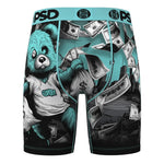 A pair of men's boxer briefs featuring a graphic print of a teal teddy bear, holding a money sack amidst falling dollar bills. The waistband is teal with black 'PSD' branding.