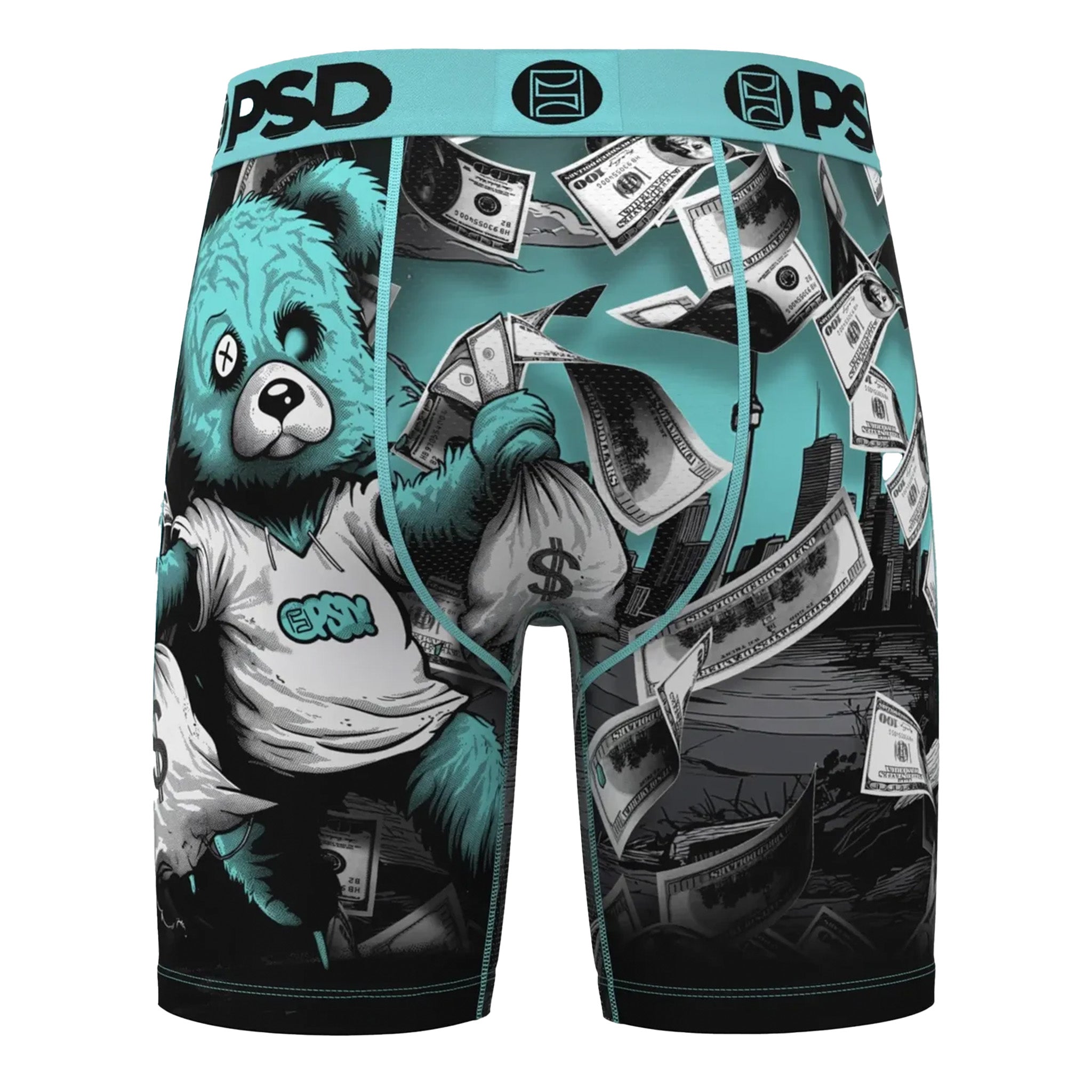 A pair of men's boxer briefs featuring a graphic print of a teal teddy bear, holding a money sack amidst falling dollar bills. The waistband is teal with black 'PSD' branding.