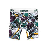 Men's boxer briefs featuring an all-over hockey-themed graphic print with purple, green, yellow, white, and black elements, including hockey sticks, skates, helmets, and pucks. The waistband is white with 'PSD' printed in green.