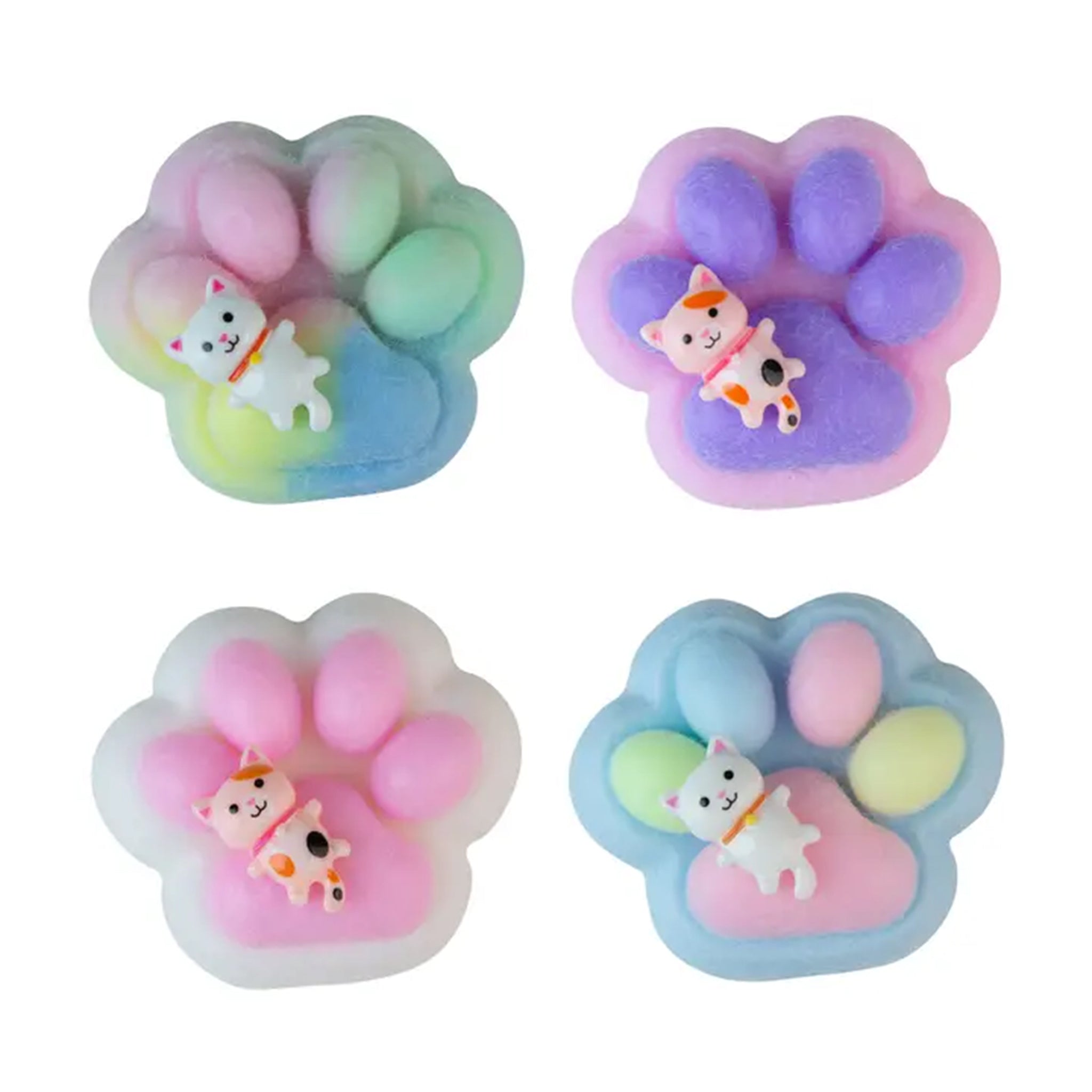 Four colorful paw-shaped squishies with cartoon characters on a white background
