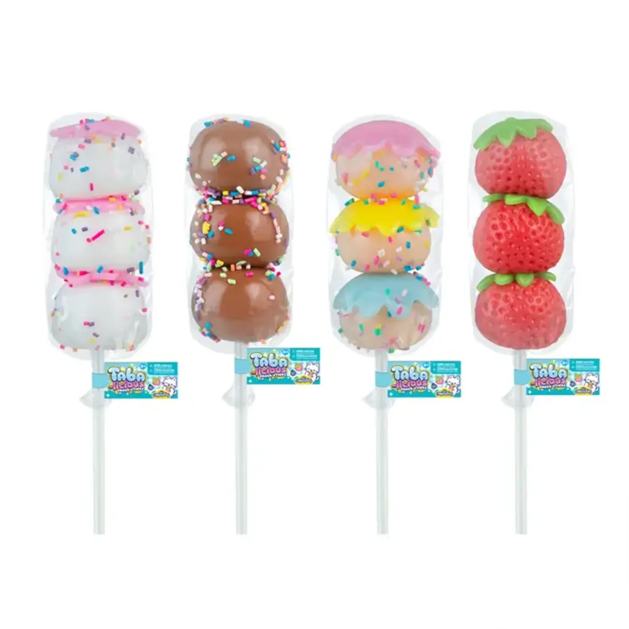 Four packaged novelty lollipops shaped like donuts, ice cream sundaes, and strawberries, displayed side by side on a white background.