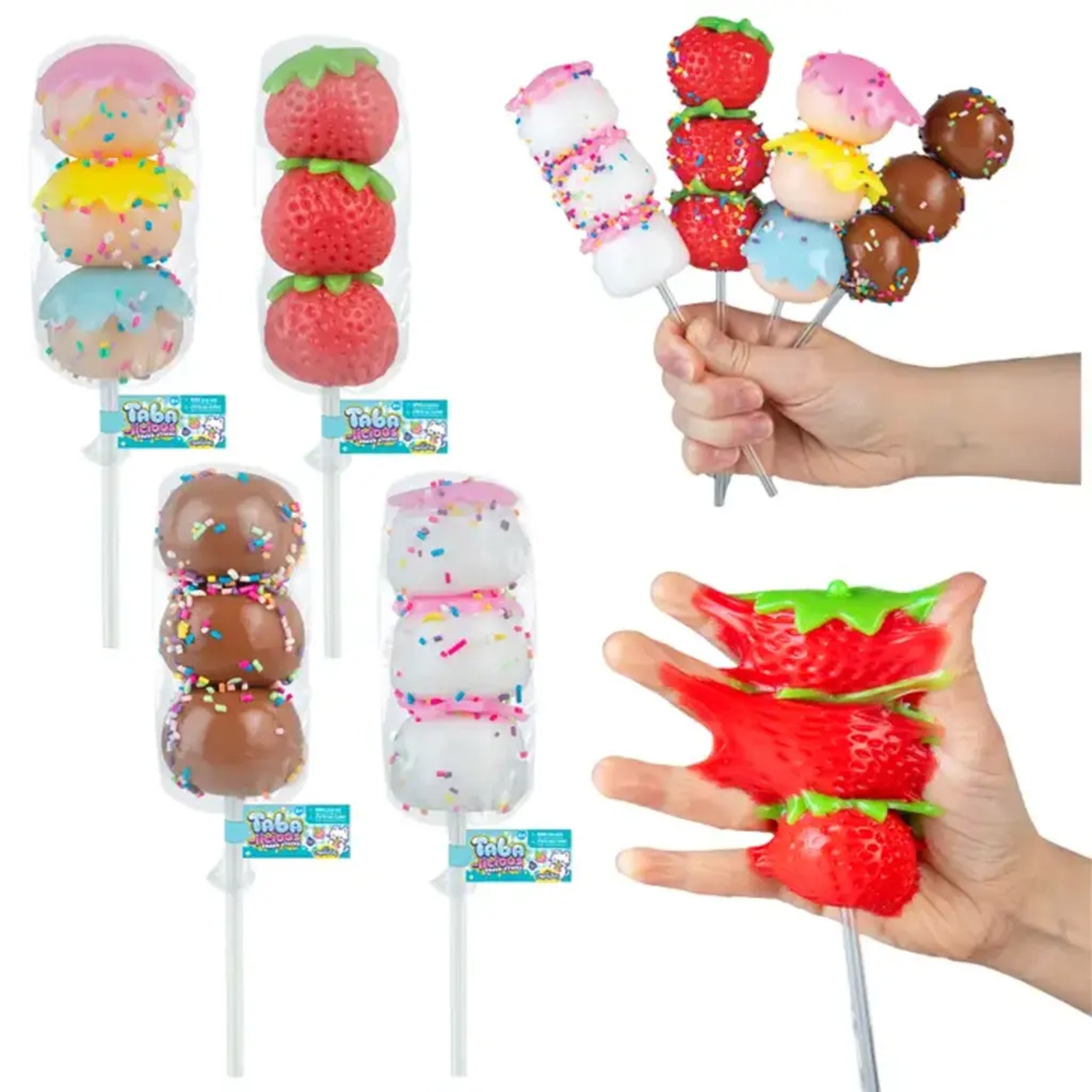 Colorful toy lollipops with strawberry and donut designs held by a hand on a white background.