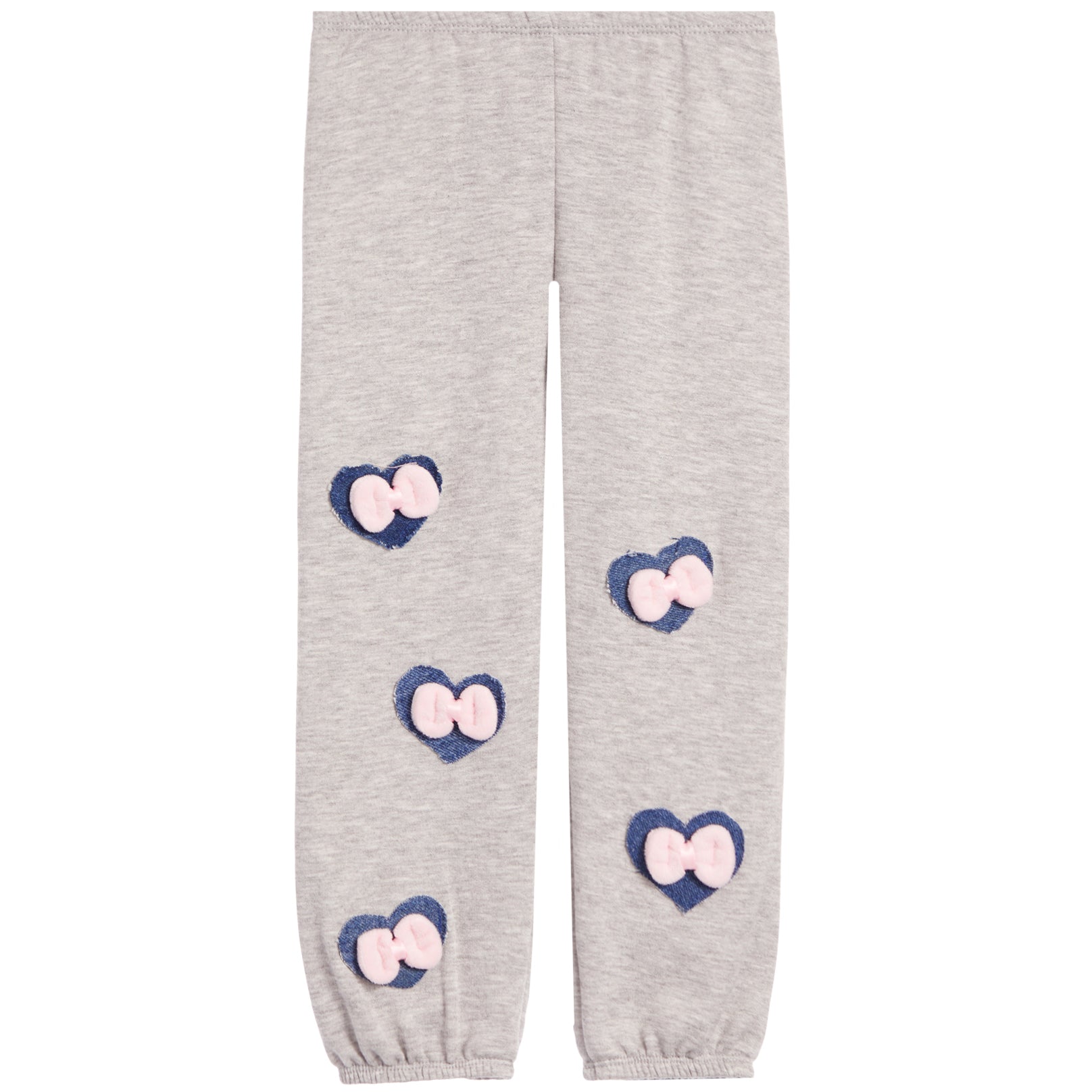 Light heather gray jogger pants with four heart-shaped patches on the legs, each featuring a pink bow on a navy blue background.