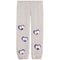 Light heather gray jogger pants with four heart-shaped patches on the legs, each featuring a pink bow on a navy blue background.