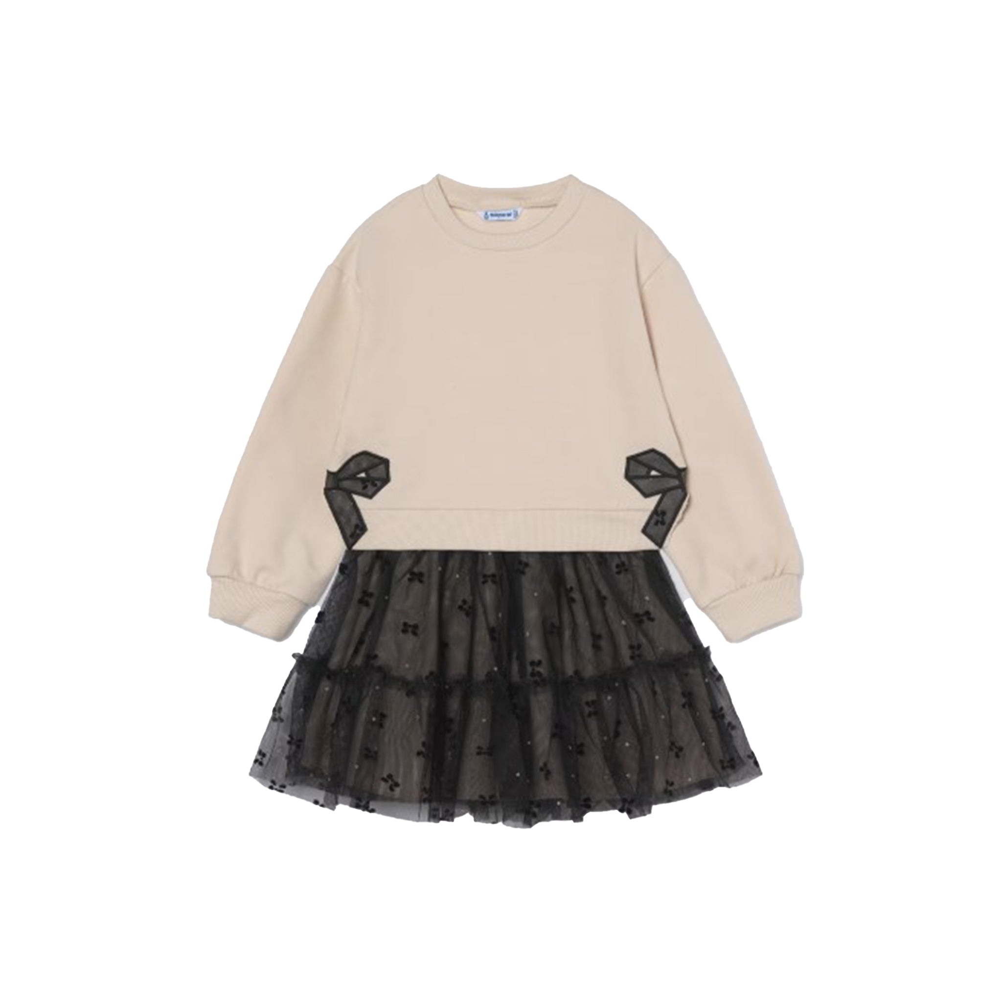 A children's long-sleeve dress with a cream-colored knit top and a black tiered tulle skirt with small bow details, shown on a plain white background.