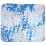 A rectangular blanket with rounded corners featuring a blue and white tie-dye pattern, isolated on a white background.