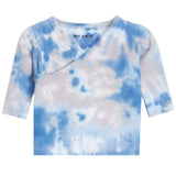 A baby wrap-style long-sleeve shirt with a blue and white tie-dye pattern, featuring a crossover front and a crew neck with 'BABY TO GO' printed inside.
