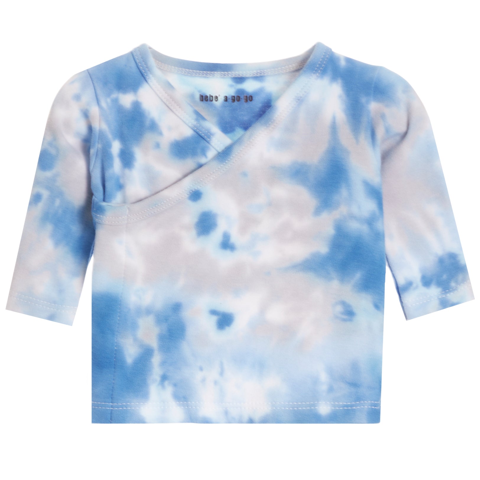 A baby wrap-style long-sleeve shirt with a blue and white tie-dye pattern, featuring a crossover front and a crew neck with 'BABY TO GO' printed inside.