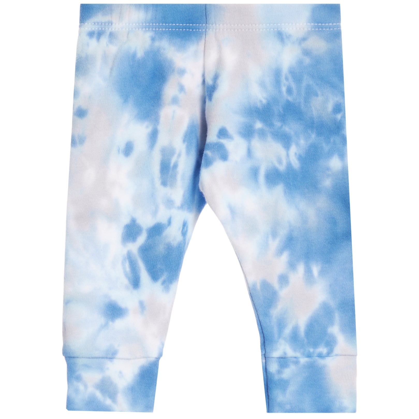 Blue and white tie-dye pants with ribbed ankle cuffs, shown flat against a white background.