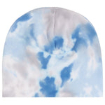 A knit beanie hat featuring a light blue and white tie-dye cloud pattern, shown flat against a solid white background.