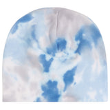 A knit beanie hat featuring a light blue and white tie-dye cloud pattern, shown flat against a solid white background.