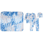 A baby clothing and blanket set with a blue and white tie-dye pattern, including a changing pad, a long-sleeve wrap outfit, matching pants, and a beanie, displayed on a solid white background.