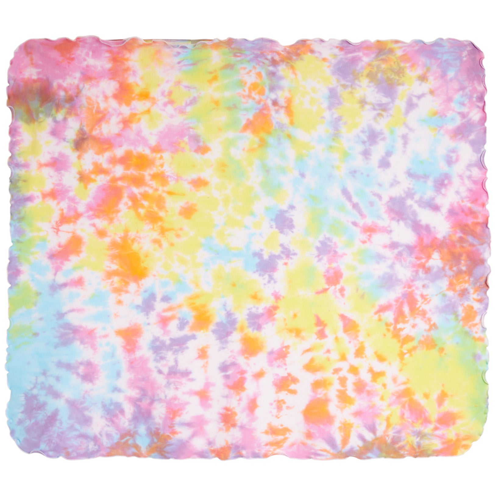 A rectangle Blanket with a vibrant tie-dye pattern featuring pink, yellow, orange, blue, and purple on a white base, presented on a clean white background.