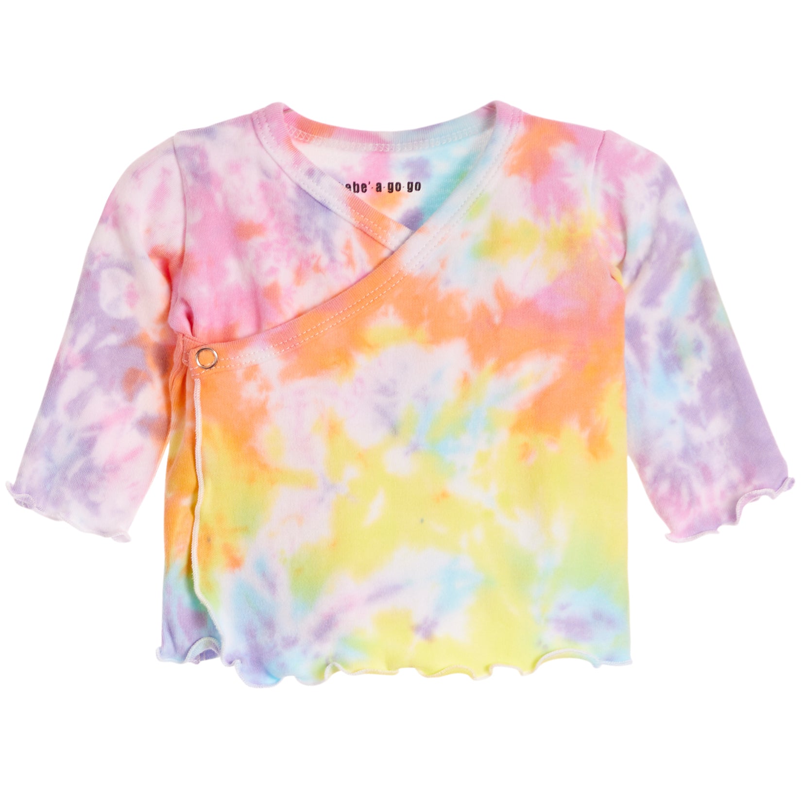 A pastel tie-dye wrap top for toddlers, featuring a soft blend of pink, yellow, orange, purple, and blue. The long-sleeve top has a crossover front with a snap button closure and a scalloped edge.
